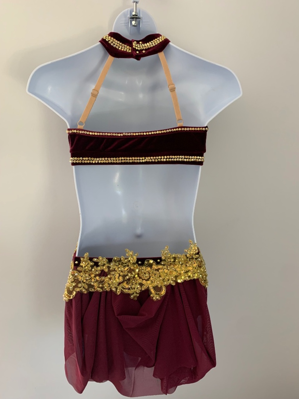 Child's Maroon Velvet Dance Costume: Gold Rhinestone Appliqués - Picture 5 of 7